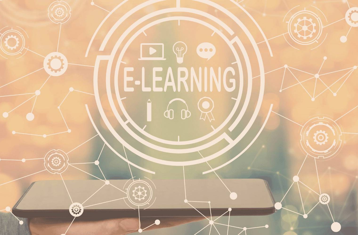 E-learning illustration with a tablet and network graphics